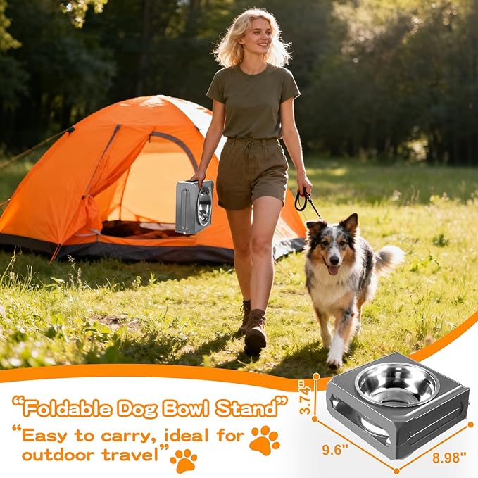 Elevated Dog Bowls with 2 Thick 50oz Stainless Steel Food Bowls, Raised Stand Adjusts to 5 Heights(3.9", 8.8", 10.4", 11.9", 13.4") for Medium and Small Dogs, Grey