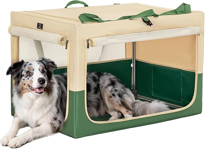 A 4 Pet Soft Dog Crate 36 Inch Mid Portable Collapsible Pet Travel Kennel, 3-Door Soft-Sided Lockable Zippers & Reinforced Steel Frame, Easy Setup, Mesh Panels — Ideal for SUV, Car, Camping & Home Use