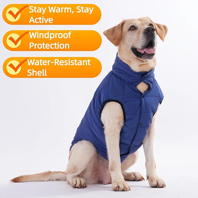 LovinPet Reversible Dog Puffer Coat for Medium & Large Dogs, Down‑Insulated Winter Jacket, Water‑Resistant & Wind‑Resistant, Anti‑Static, Dual-Sided Blue & Black for Cold Weather,3XL