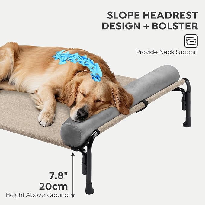 Veehoo Large Elevated Dog Bed, Outdoor Raised Dog Cot Hammock Bed with One-Sided Removable Headrest Bolster, Cooling Breathable Washable Teslin Mesh, Off Ground, Anti-Slip, XXL, CWC2204BCP