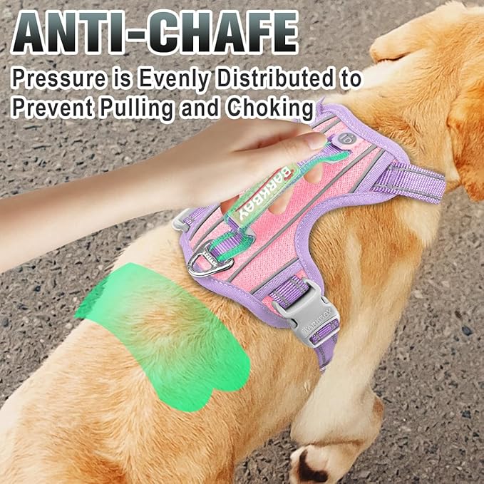 BARKBAY No Pull Dog Harness Large Reflective Dog Harness with Front Clip and Easy Control Handle for Walking Training Running with ID tag Pocket(Baby Pink & Violet Purple,M)