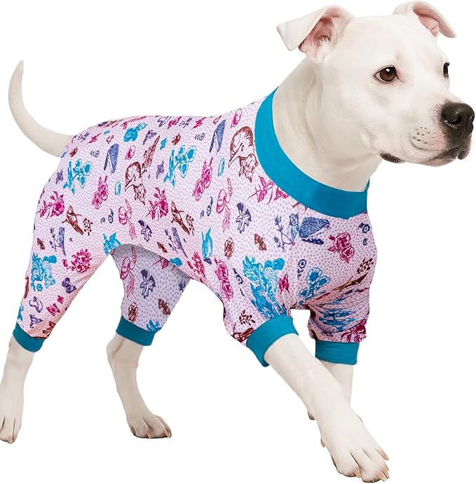 LovinPet Dog Pajamas Bodysuit for Giant Dogs, Pet Anxiety CalmingShirt, Lightweight Post Surgery Dog Pajamas, Garden Print, Pitbull Clothes, 4 Legged Style Pullover Dog Onesie, Medium