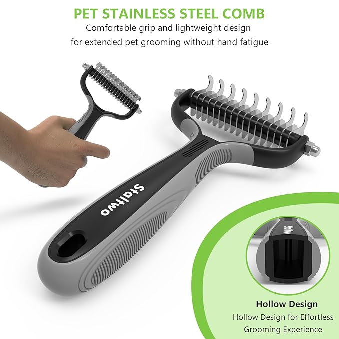 Pet Grooming Supplies - 2-in-1 Professional Undercoat Rake and Pet Brush | Shedding Control for Long-Haired Dogs and Cats, Deshedding Tool, Knot Removal,Grey