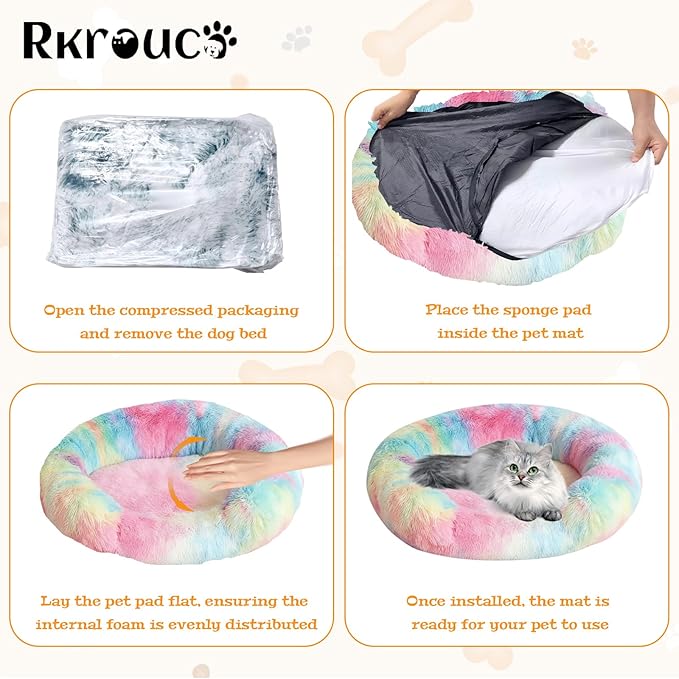 Fluffy Dog Bed Calming Donut Beds for Large Dogs Warming Round Small Medium Pet Nest Cozy Cat Mattress Indoor Washable Puppy Kennel Kittens Sleep Mat (XL, 43.3×43.3 inch, Rainbow)