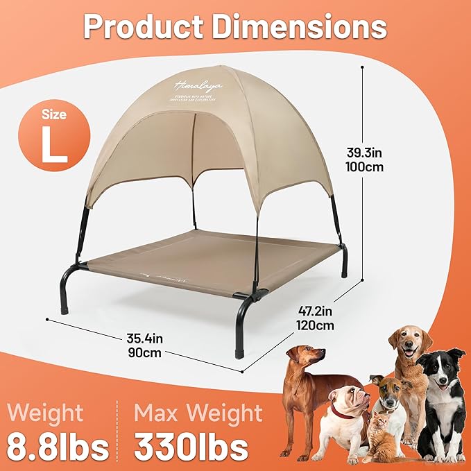 Himalaya Elevated Dog Bed, Large Bed with Canopy Removable Shade Tent, Stable Anti-Slip Feet for Pets Camping Indoor Outdoor Brown (Brown-Large)