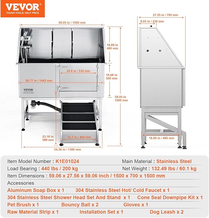 VEVOR 62" Pet Dog Bathing Station w/Ramp, Professional Stainless Steel Dog Grooming Tub w/Soap Box, Faucet,Rich Accessory,Bathtub for Large,Medium,Small Pet, Washing Sink for Home(Right)