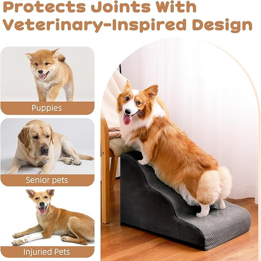 Makigued Dog Stairs for Small Dogs and Cats, 16" H 3 Steps Pet Steps Ramp for High Bed, Couch, Sofa, Waterproof Pet Stairs with Removable Washable Cover, Non-Slip Bottom, Dark Gray