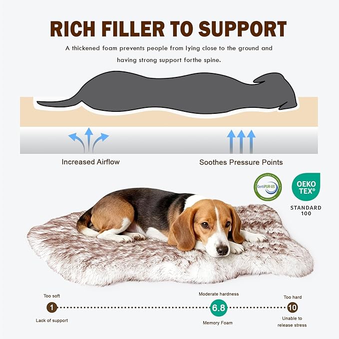 40"×24"×2" Luxury Fluffy Faux Fur Warming Dog Bed, Ultra Soft Plush Pet Rug, Washable Cozy Pad with Non-Slip Bottom, Orthopedic Supportive Sleeping Mat for Medium & Large Dogs