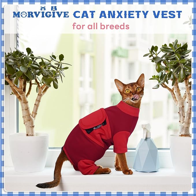 Adjustable Calming Suit Cat Clothes with Zipper, Anxiety Jacket Vest, Cat Apparel for Fireworks, Separation, Thunderstorms, Loud Noises, Comfortable Wrap Reduce Anxiety, Red X-Large