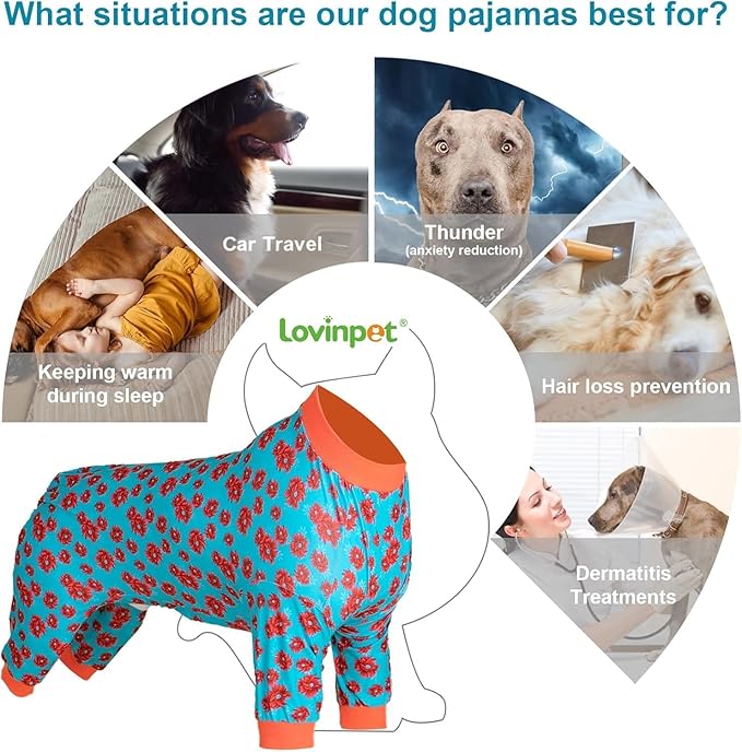 LovinPet Dog Clothes Large Size Dog Boy, Anti Licking Bodysuit, Pajamas for Pitbulls, Onesies for Dogs, Post Surgery, Tretchy Skin-Friendly Fabric, Pitbull Shirt, Mint & Dark Coral Floral Print, Large