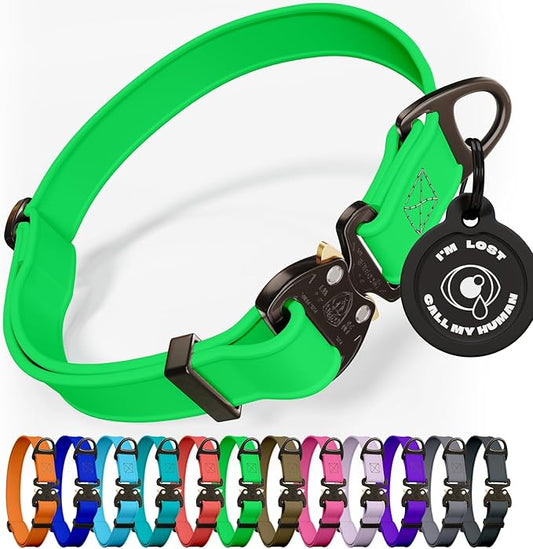 Biothane Dog Collar with Cobra Buckle - Made in USA - QR Code Dog Tag ID Included - Adjustable Heavy Duty Dog Collars for Medium Large Dogs - Waterproof Military Grade Tactical Collar for Dogs