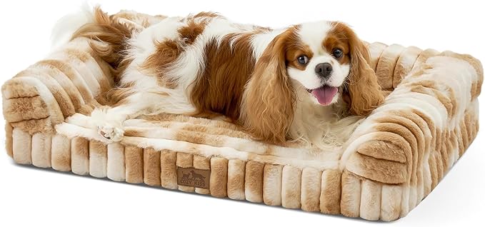Cute Dog Bed for Small Dogs, Faux Fur Orthopedic Foam Dog Bed with Sides, Removable Washable Cover & Waterproof Lining, Comfortable Pet Couch, Tie-Dye Brown (30" L x 20" W x 6" Th)