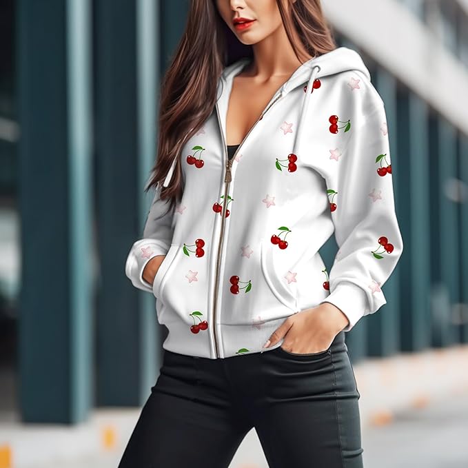 Women's Zip Front Plaid Sweatshirts Print Hoodie Fall Jackets Long Sleeve Casual Drawstring Clothes