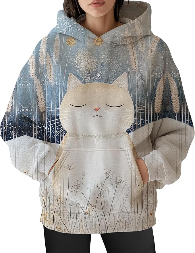 Womens Funny Cat Hoodies Oversized Graphic Hooded Sweatshirt for Women Fall Plus Size Pullover Hoodie Y2K