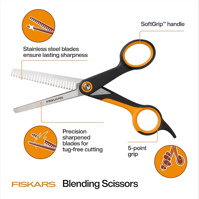 Fiskars Pet Blending Scissors, Dog and Cat Grooming Scissors, Serrated Teeth for Thinning & SoftGrip Handle, 6.5”, Orange/Black