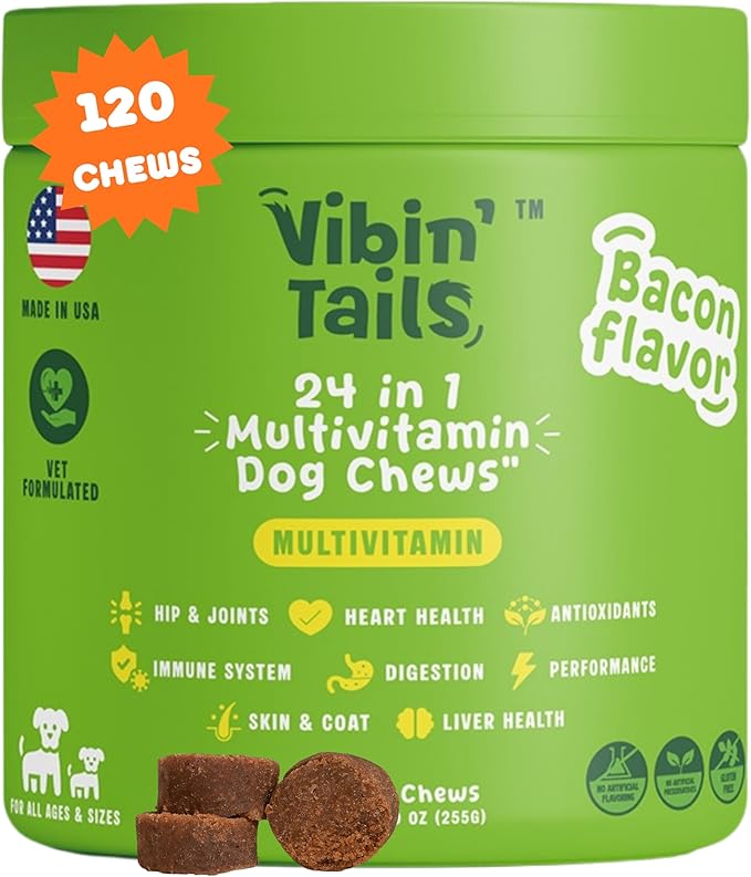 Vibin’ Tails Dog Multivitamin, Chewable Dog Vitamins and Supplements with Glucosamine, Chondroitin, Probiotics & Omega-3 for Hip & Joint, Skin & Coat – Puppy & Senior Multivitamin – 120ct