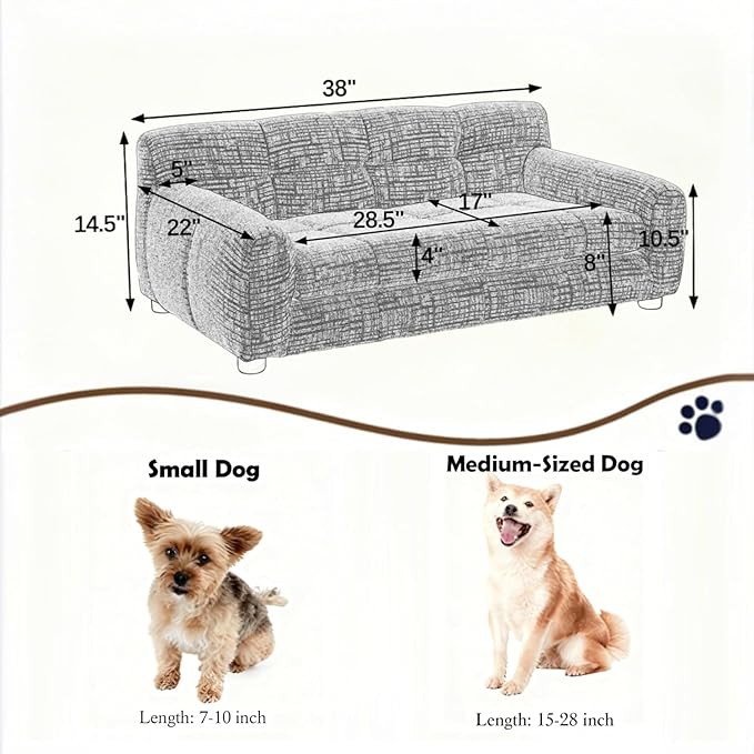Dog Couch Bed with Backrest and Armrest, Durable Pet Sofa with Upholstered Foam Cushion, Elevated Dog Couch Bed with Legs for Medium Dogs, Blue