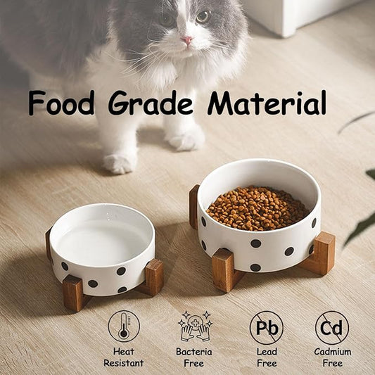 Petygooing Ceramic Dog Bowl Set with Stand, Small Pet Bowls, Anti-Slip Cat & Dog Food and Water Bowl Set (13.5OZ/5.1 in) Black Dot