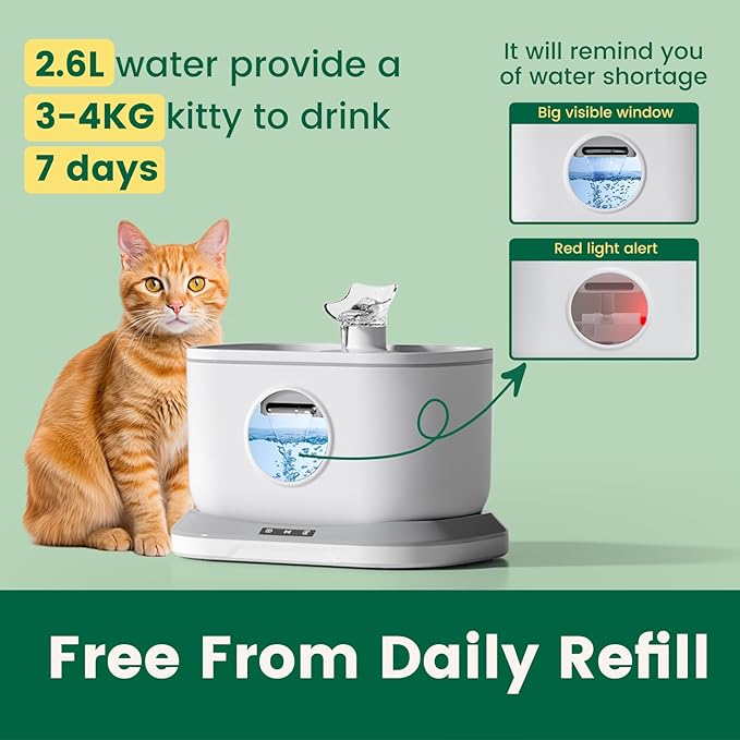 Cat Water Fountain [Water-Electric Separation] Radar Sensing Cordless Water Fountains for Cats Indoor, Battery Operated Wireless Pump, Premium Multi-Layer Filter 2.6L/88oz Ultra Quiet BPA-Free