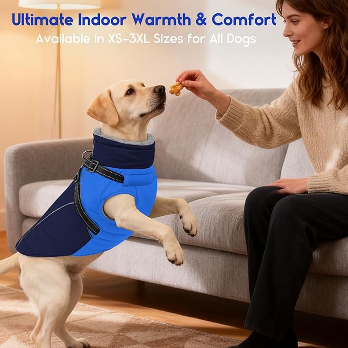 ASENKU Reflective Dog Coat with Built-in Harness, Windproof Fleece-Lined Dog Jacket for Small, Medium, Large Dogs, Warm Winter Vest with Turtleneck & Zipper (Khaki L)