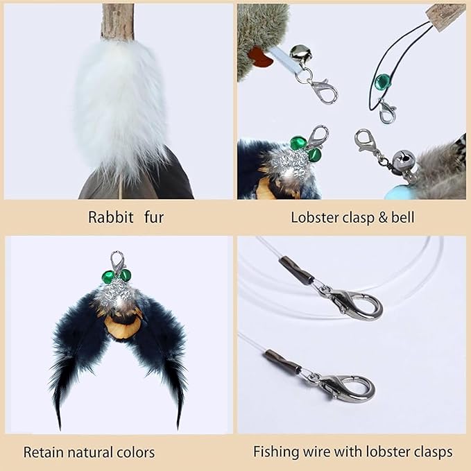 MikiLim Cat Feather Toy Refills for Cat Wand 5-Pack Undyed Natural Big Feather Cats Wand Attachment Replacement with Bell,Clasp 2PCS Extension String