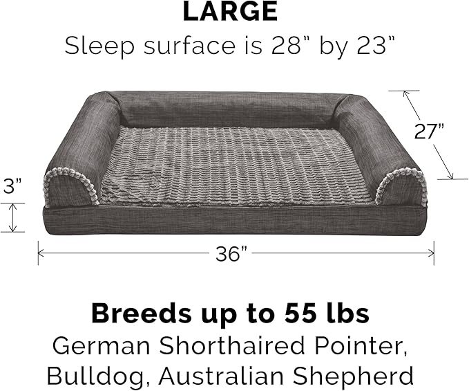 Furhaven Memory Foam Dog Bed for Large/Medium Dogs w/ Removable Bolsters & Washable Cover, For Dogs Up to 55 lbs - Luxe Faux Fur & Performance Linen Sofa - Charcoal, Large