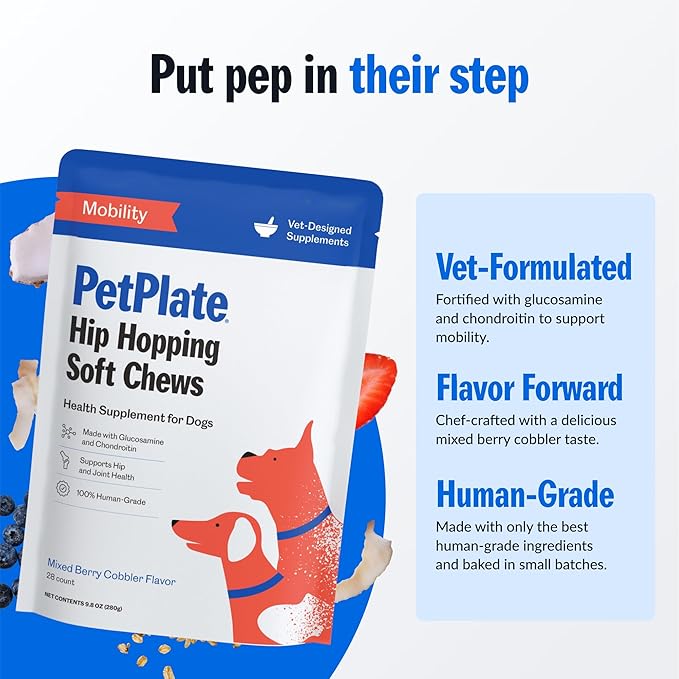 PetPlate Hip Hopping Soft Chews for Dogs, Hip and Joint Supplements, Organic and Human-Grade Ingredients, Mobility Support, Pet Supplies (Pack of 1, 9.8 Ounce)