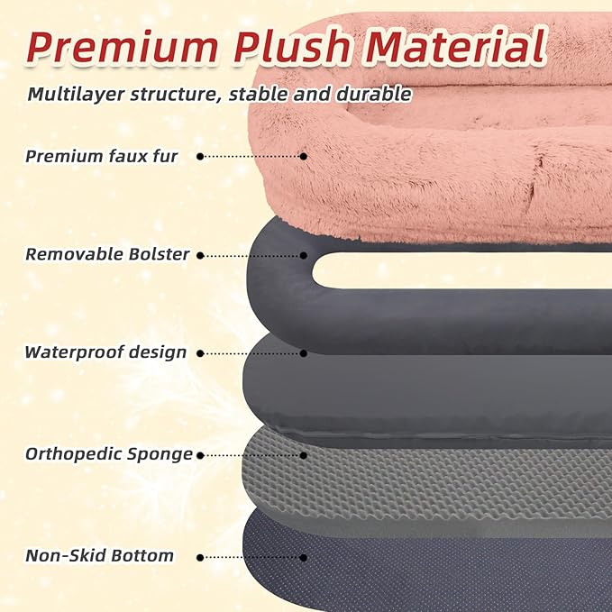 Human & Pets Washable Faux Fur Dog Bed - 71''x45''x12'' Orthopedic, Plump Pillow, Blanket, Strap - Pink