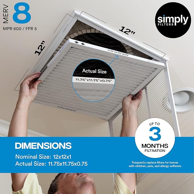 Simply 12x12x1 Air Filter, MERV 8, 6 Pack, Furnace Air Filter for HVAC (Actual Size: 11.75"x11.75"x0.75") DUST, Pet, & Allergy Control