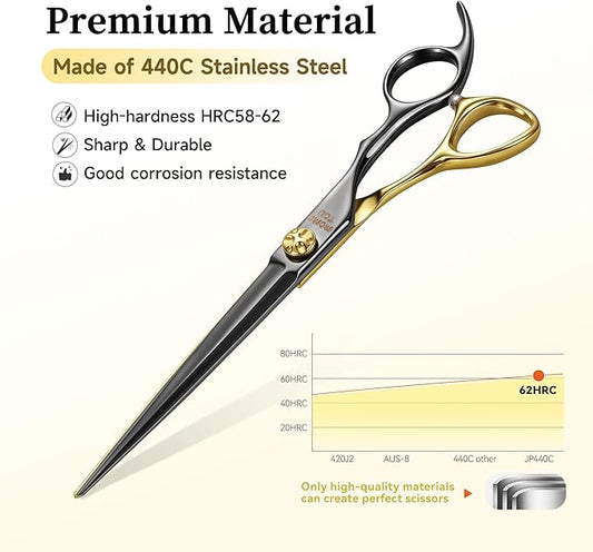 7.5'' Straight Dog Grooming Scissors CNC 440C Blades Sharp and Durable Dog Shears Black and Gold Pet Scissors Smooth Cutting Easy to Use for Professional Groomer