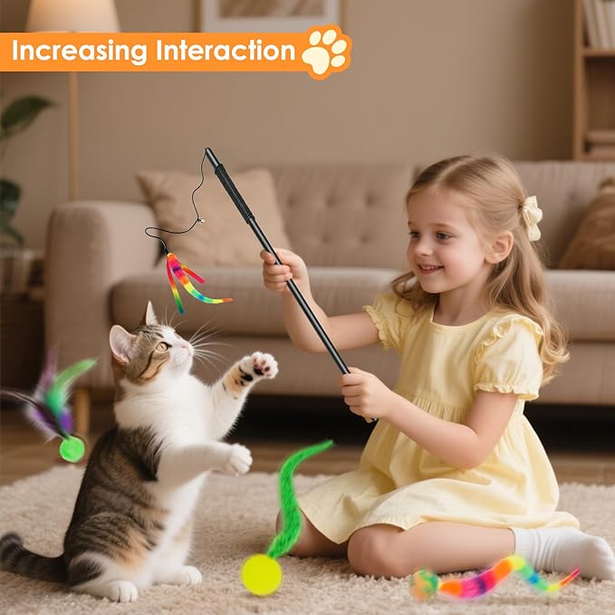 SHENGSEN Feather Wand Cat Toy，Bouncy Ball with Tail Cat Toys，Magic Worm with Large Colorful Ball Toy for Cats，Cat Feather Toys for Indoor Cats,Colorful Fuzzy Worm Bouncy Balls Cat Toy
