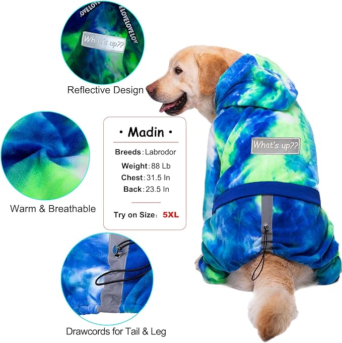 Dog Hoodies Winter Coat for Large Medium Dogs, Pullover 6 Legs Warm Coat Hooded Sweatshirt, Fleece Hoodie for Cold Weather (Bandhnu Green, 4X-Large)