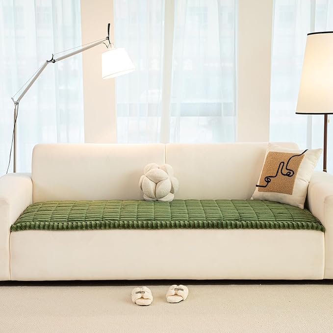 Christmas Faux Fur Plush Dog Couch Cover, 3D Stripe Fuzzy Sofa Covers, Non-Slip Fluffy Dog Bed Cover Pet Blanket, Washable Furniture Protector for Puppy Cat (Dark Green,28"x94")