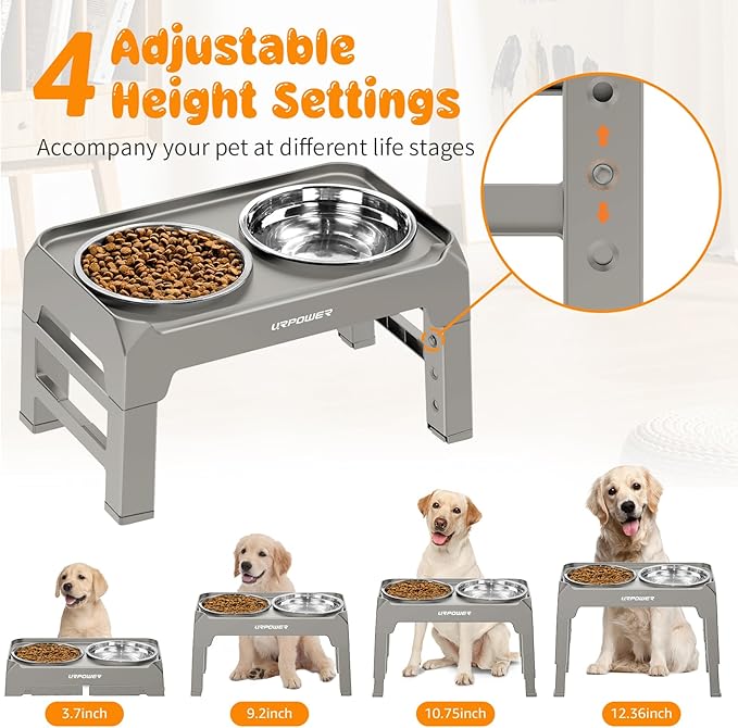 URPOWER 4 Height Adjustable Elevated Dog Bowls - 50oz Large Capacity Stainless Steel Bowls, No-Spill Edge, Non-Slip Stand for Small, Medium, Large Dogs & Pets