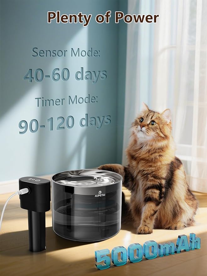 Cordless Cat Water Fountain, 3.5L/119oz Wireless Pet Fountain with Stainless Steel Tray, 60-Day Battery, Motion Sensor & Timer, Cat/Dog Water Bowl Dispenser - Ultra Quiet 6-Stage Filtration