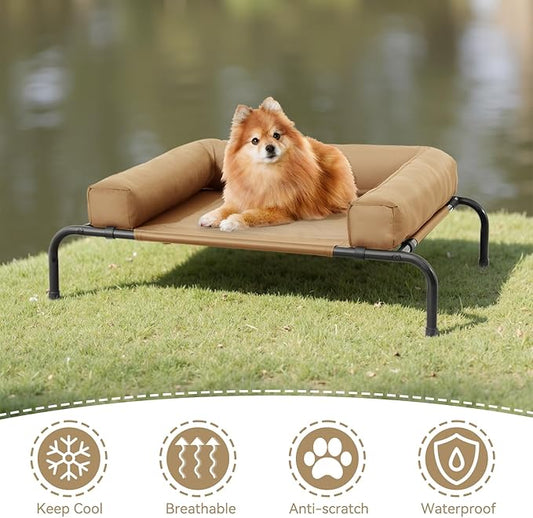 Athena Collection Outdoor Elevated Dog Bed with Removable Bolsters, 35.5 Inches Raised Dog Cot Washable with Metal Frame Non-Slip Feet for Small Dog Puppy, Brown