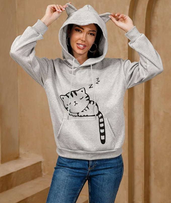 Women Girl Hoodies Cute Cat Ear Novelty Printed Pullover Sweatshirt