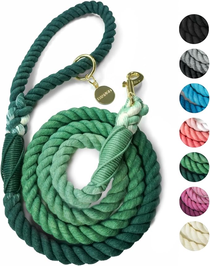 DJANGO Cotton Rope Dog Leash 5ft – Handcrafted Dog Leash and Green Braided Leash for Small, Medium, Large Dogs – Durable 5 Foot Training Lead with Gold Hardware and Whipped Ends – Forest Green Ombre