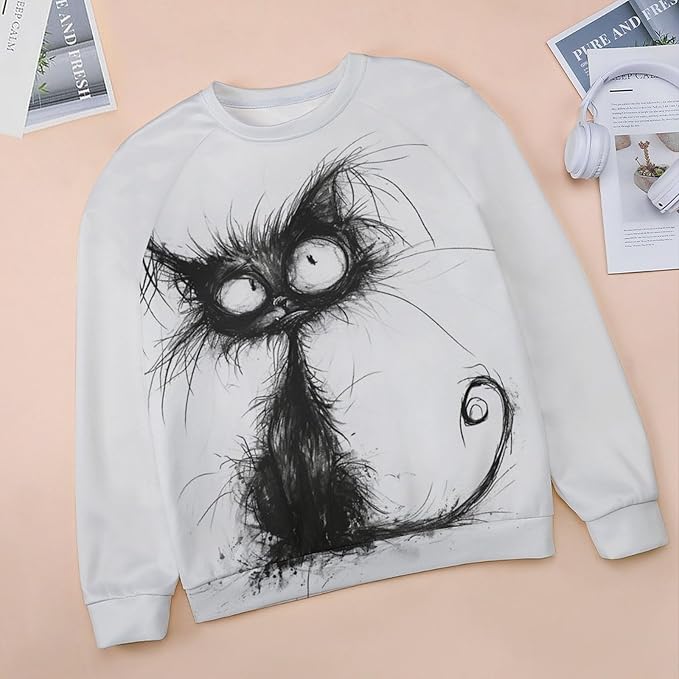 Biacolum Long Sleeve Shirts for Women Mid Century Retro Style Atomic Cat 3D Graphic Sweatshirts Fall Crewneck Pullover Top