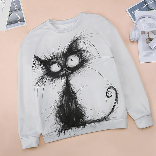 Biacolum Long Sleeve Shirts for Women Mid Century Retro Style Atomic Cat 3D Graphic Sweatshirts Fall Crewneck Pullover Top