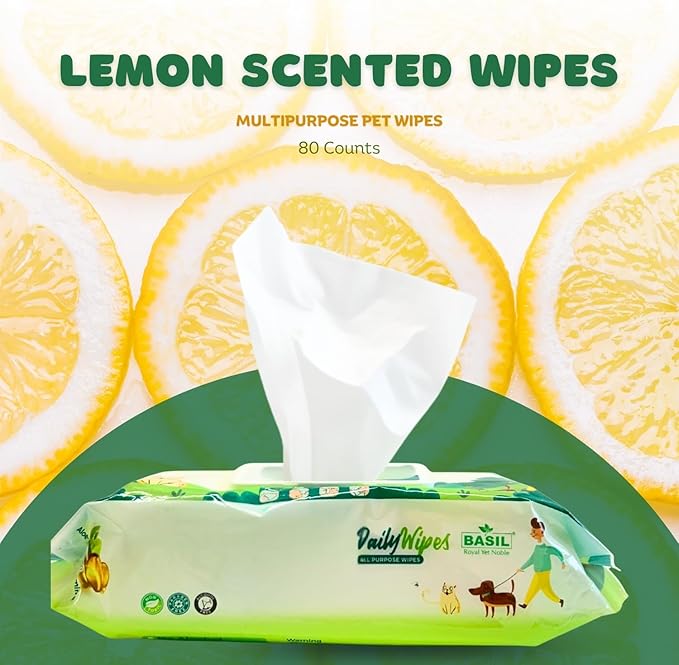 BASIL - Pet Grooming Wipes – 80 Count (8″ × 8″) | Aloe Vera, Vitamin E & Castor Oil Infused | Multi-Purpose Wipes for Dogs, Cats & Puppies | Cleans Paws, Ears, Mouth & Butt | Lemon Scent, Paraben-Free