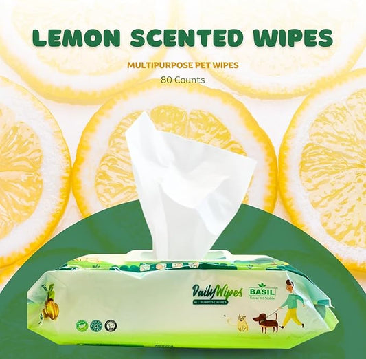 BASIL - Pet Grooming Wipes – 80 Count (8″ × 8″) | Aloe Vera, Vitamin E & Castor Oil Infused | Multi-Purpose Wipes for Dogs, Cats & Puppies | Cleans Paws, Ears, Mouth & Butt | Lemon Scent, Paraben-Free