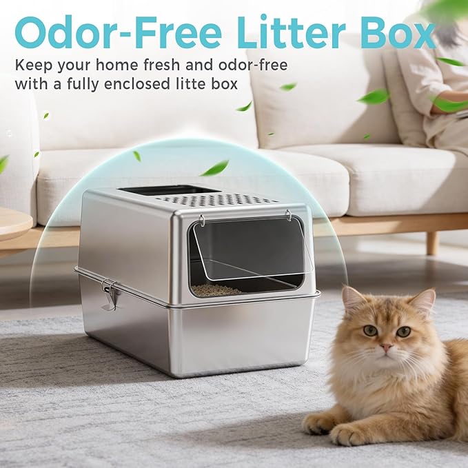 Petinstinct Large Enclosed Stainless Steel Litter Box with Lid, 19.7"x13.8"x13.8" High Sided Metal Cat Litter Box for Indoor Cats, Covered Dog Proof Kitty Litter Pan, Odor Free Tray, Non Sticky, L