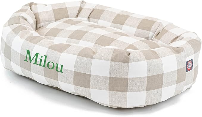 Majestic Pet Anderson Check Personalized Bagel Dog Bed | Donut Style Pet Bed with Custom Embroidered Pet Name | Various Fonts and Thread Colors Available (X-Large, Neutral Tan)