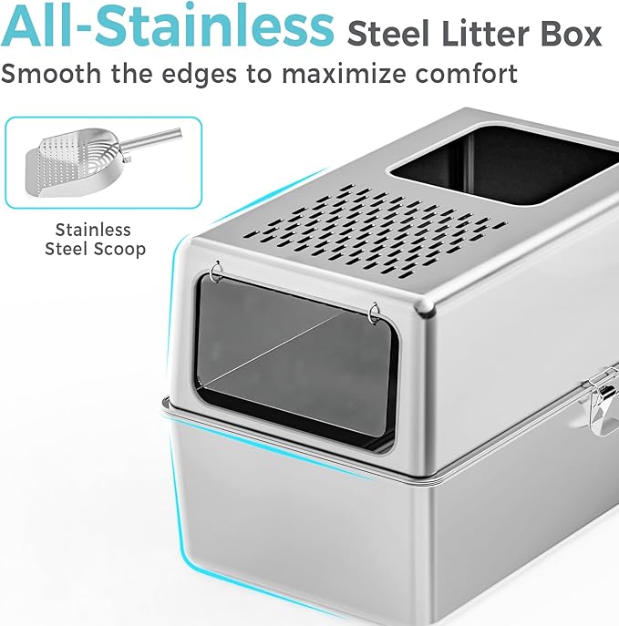 Petinstinct Extra Large Enclosed Stainless Steel Litter Box with Lid, 23.6"x17.7"x15.7" High Sided Metal Cat Litter Box for Indoor Cats, Covered Dog Proof Kitty Litter Pan, Odor Free, Non Sticky, XL