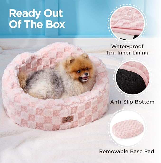 Joydeco Dog Bed for Small Dogs & Cats, Washable Cloud Pet Bed with Orthopedic Foam and Removable Checkered Plush Pad, Non-Slip Bottom for Indoor Puppies and Kittens, 22x20 Inch, Pink