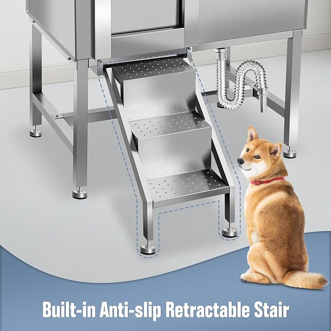 38" Dog Washing Station, Professional Stainless Steel Dog Bathing Station, Equipped with Anti-Slip Ramp, Removable Door, Upgraded Spray Nozzle&Hose - Ideal for Home, Pet Grooming Salon,L-RAMP