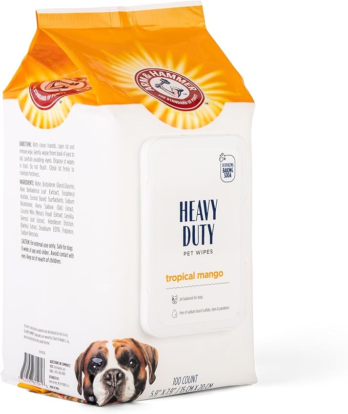 Arm & Hammer for Pets Heavy Duty Multipurpose Dog Bath Wipes, Mango Scent - Grooming Dog Wipes for Butt, Paw Wipes for Dogs, Dog Deodorant and Odor Eliminator, Pet Cleaning Wipes, 100 Count