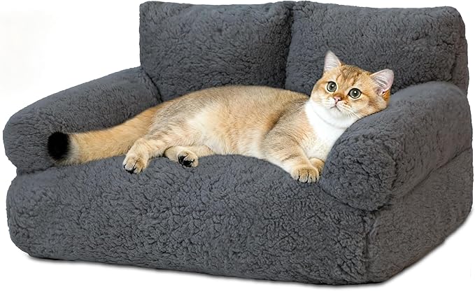 Cat Couch Bed - Cat Bed for Indoor Cats, Calming Pet Sofa Puppy Sleeping Bed with Removable Washable Cover, Cute Dog Couch and Kitty Lounge Chair for 18lbs Cats & Small Dogs(Gray)