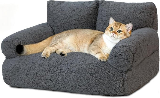 Cat Couch Bed - Cat Bed for Indoor Cats, Calming Pet Sofa Puppy Sleeping Bed with Removable Washable Cover, Cute Dog Couch and Kitty Lounge Chair for 18lbs Cats & Small Dogs(Gray)